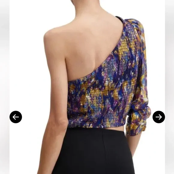 Mango One-Shoulder Fitted Blue, Purple and Gold Party Blouse - Picture 5 of 11